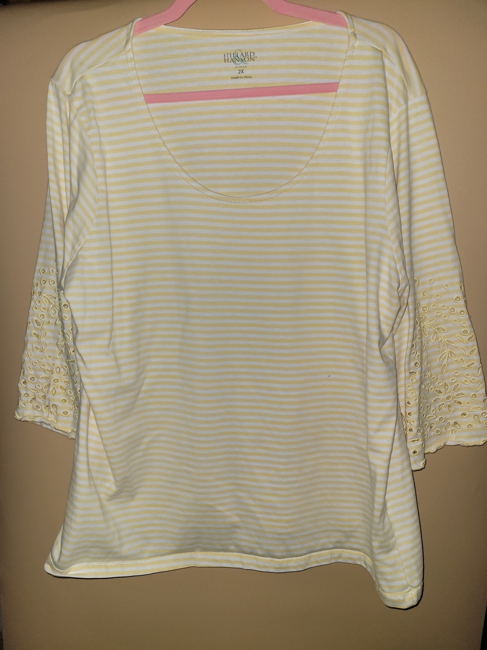 Hillard & Hanson Pale Yellow and White Striped Scoop Neck Eyelet Sleeve Top
